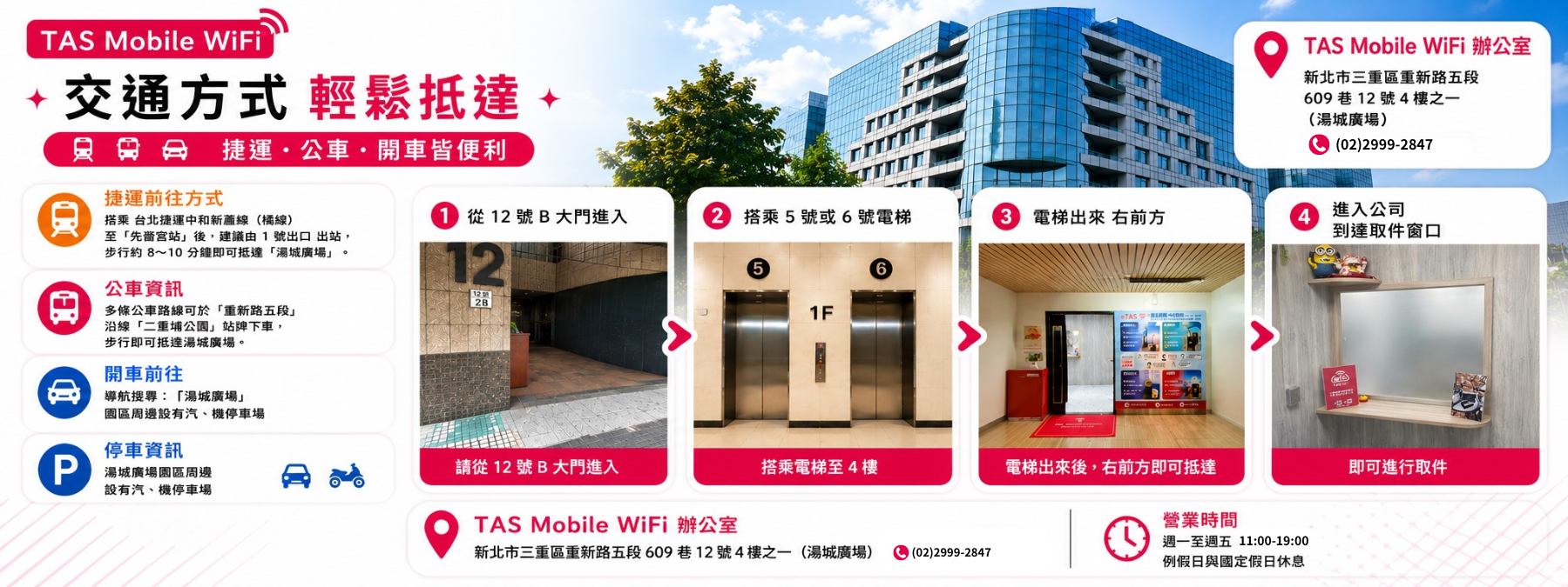 TAS Mobile WiFi 新北三重辦公室前往方式|湯城廣場12號大樓取件路線與交通指引